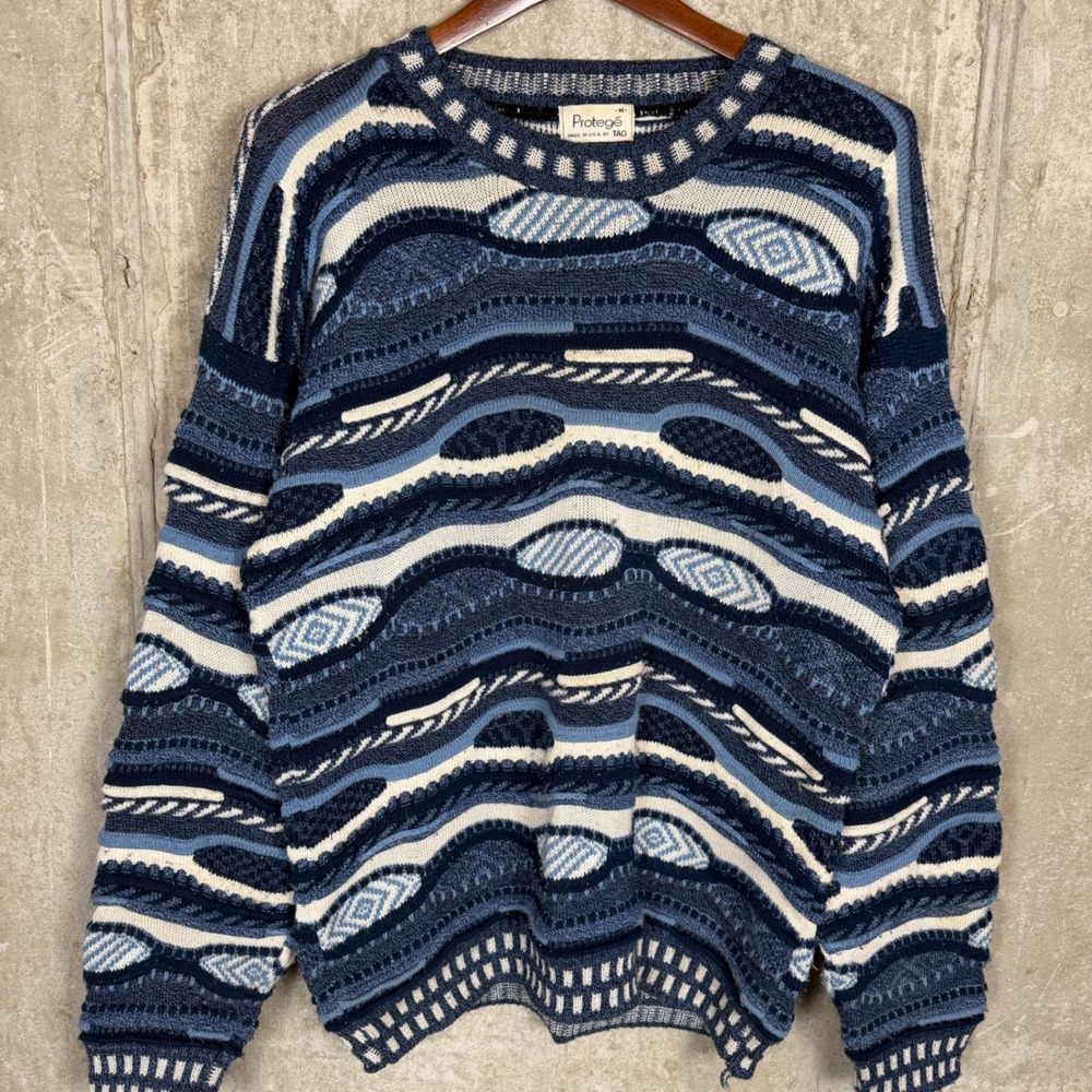 80s Protege by TAG Mens Vintage 3D chunky Knit‎ Sweater Blue Abstract Medium
